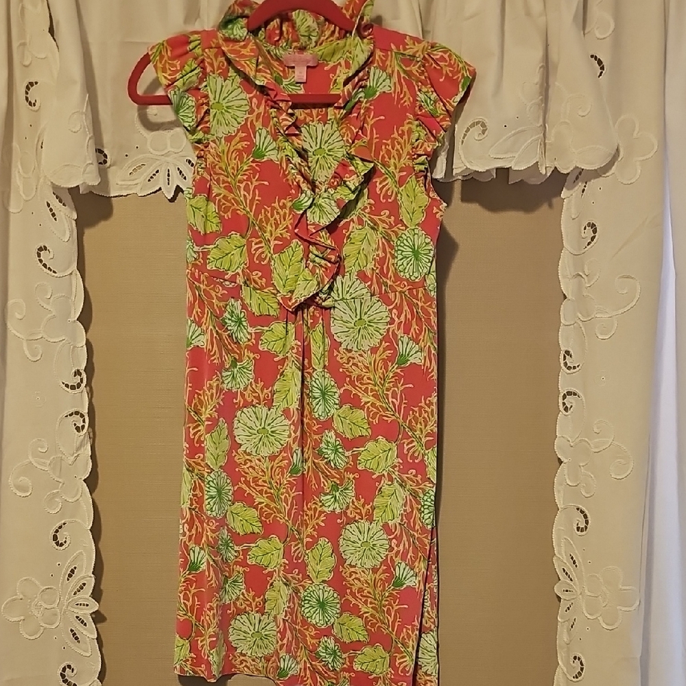 Lilly Pulitzer Coral and Lime Green Floral Ruffle Dress